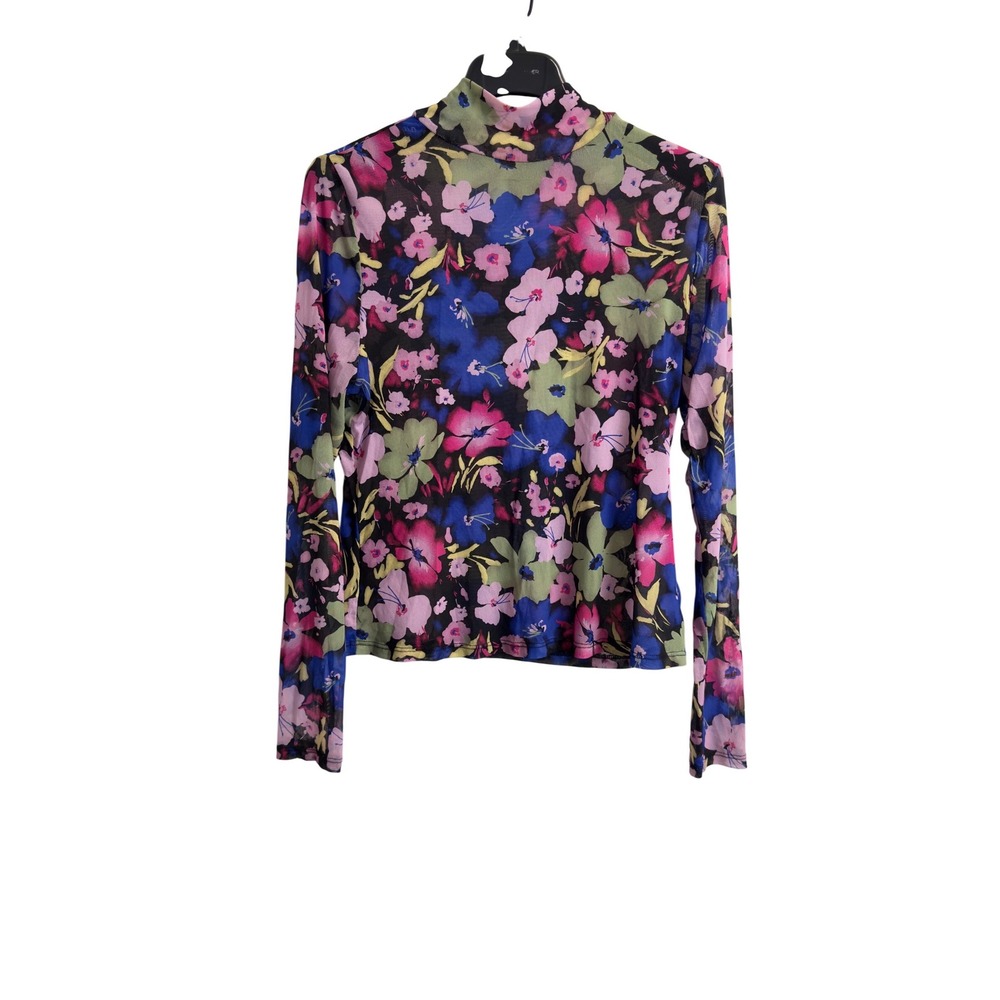 Bar III Floral Mesh Mock Neck Top PXL Pink Blue Long Sleeve Sheer Blouse